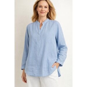 Havanera Womens XXL Linen Blend Top Blue Stripe Band Collar Tunic Blouse